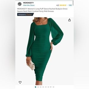 MEROKEETY WomenLongPuffSleeveRuchedBodyconDress SquareNeckMeshCocktailMidiDress